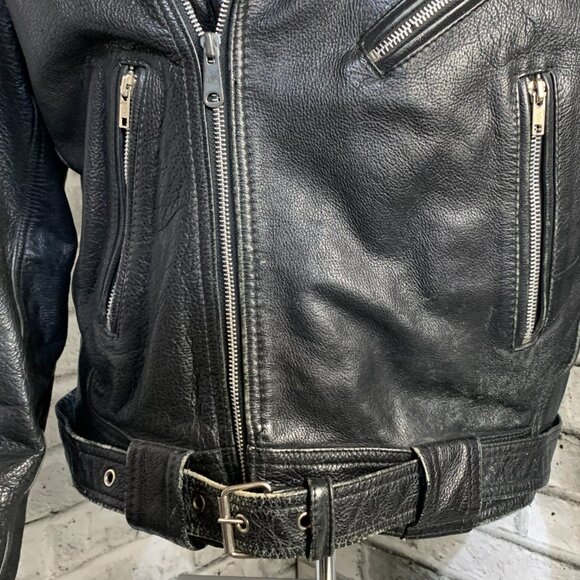 Vintage Black Leather Motorcycle Jacket Mens Biker Distressed Moto Coat - Picture 3 of 16
